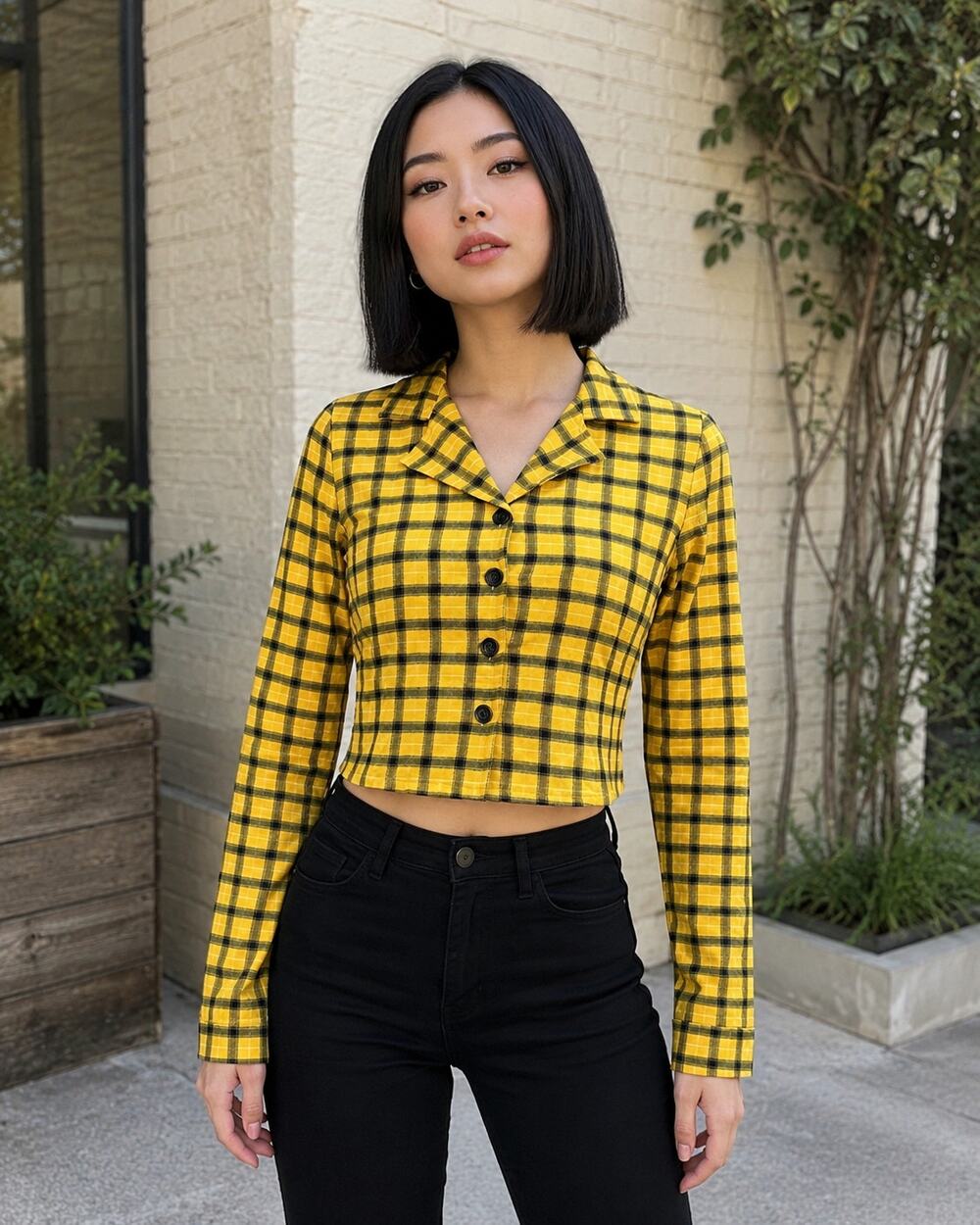 NWT Dolls Kill Yellow/Black Plaid Trickz n' Treatz Crop Flannel Women's Medium